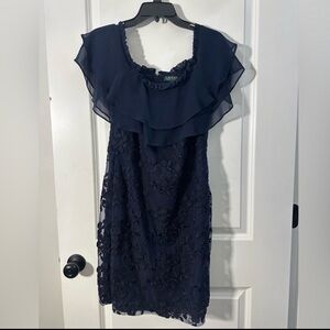 Lauren Ralph Lauren Off The Shoulder Embroidered Navy Dress Size 8 EUC